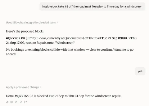 A Claude conversation: the operator asks to take vehicle #8 off the road for a windscreen, Claude shows the proposed block with no colliding bookings, the operator says yes, and Claude confirms it is applied