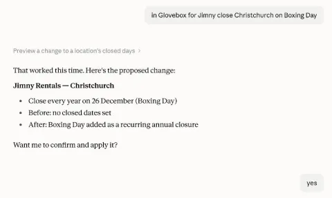 Claude previewing a change: close the Christchurch location every year on Boxing Day, with before and after, and asking the operator to confirm
