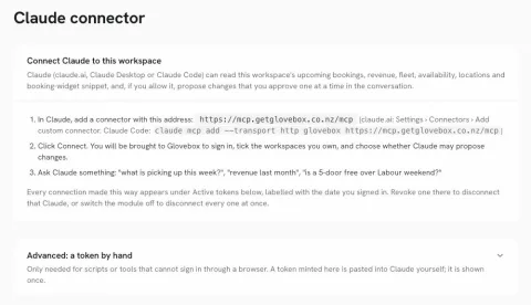 Glovebox Settings, Claude connector page: the three connection steps and the advanced token-by-hand option