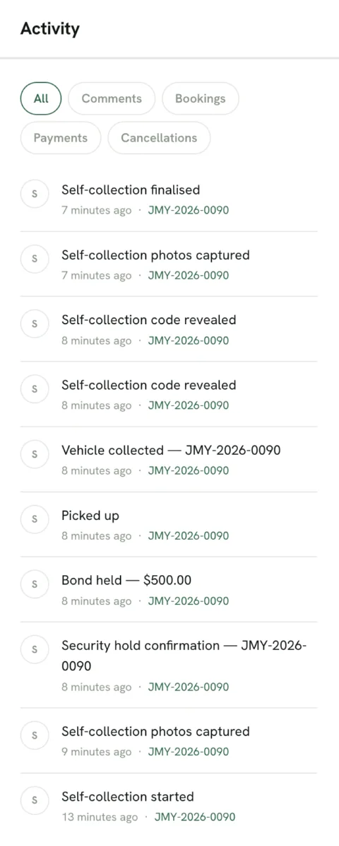 The Glovebox activity feed during a self-collection pickup, each step stamped with its time and booking reference